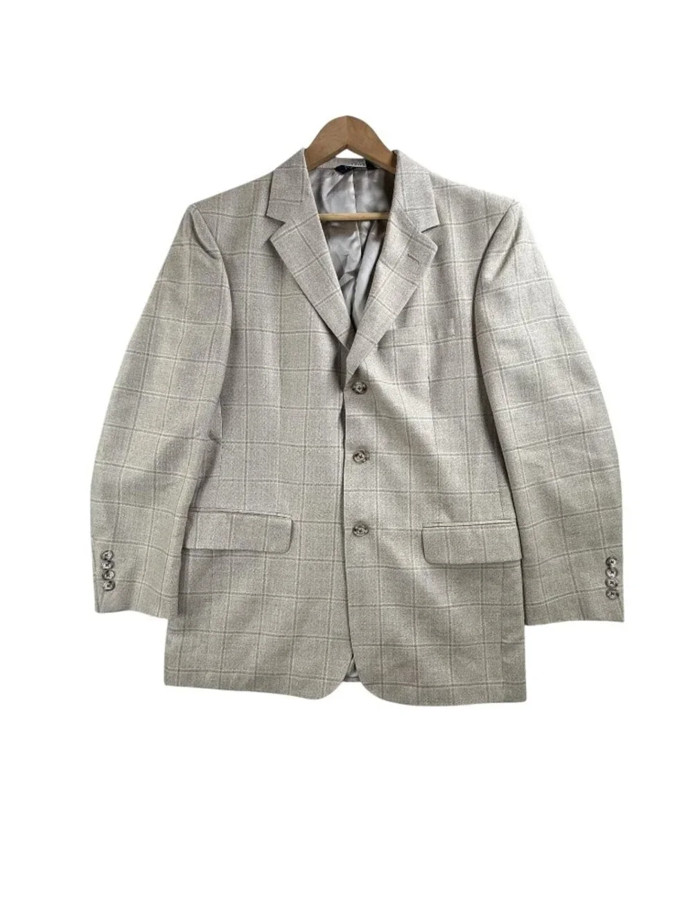 Jos A Bank Blazer Mens 39R Beige Windowpane Silk Wool Tweed Sport Coat Jacket